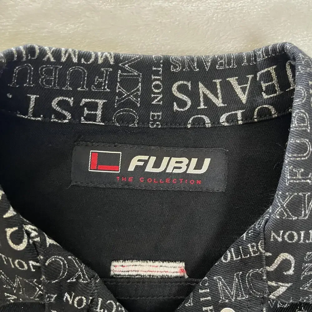 Vintage FUBU Jacket Kids Large Black Denim Bomber All Over Print Hip Hop Y2K